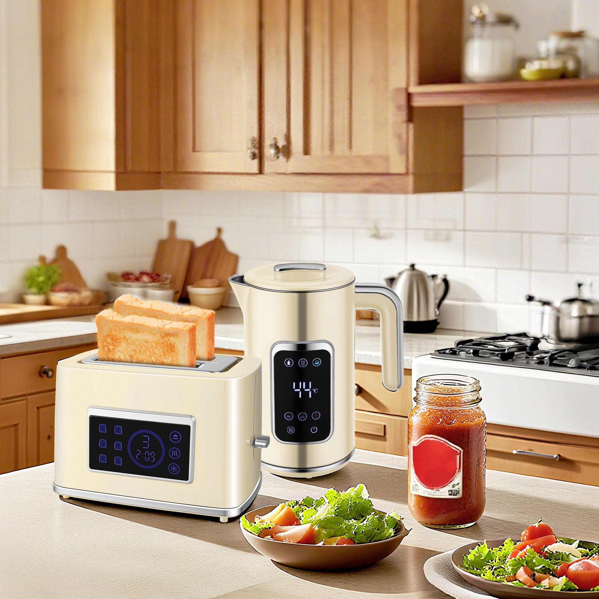 HOMCOM Touch Screen Kettle and Toaster Set - Cream