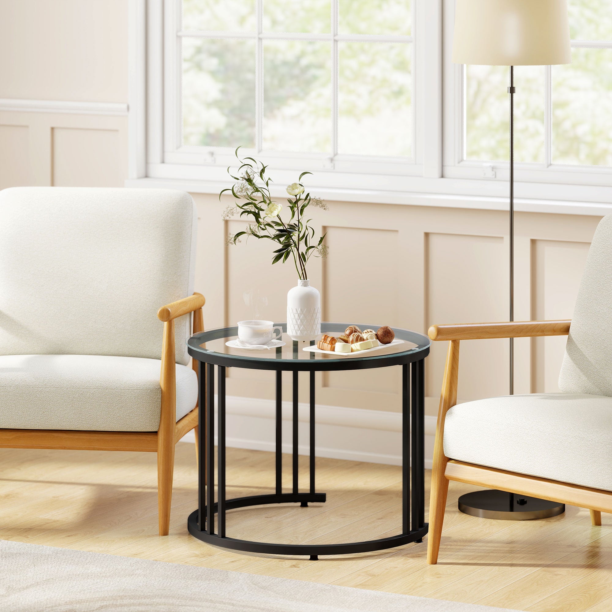 HOMCOM Round Coffee Tables Set of 2, Nesting Tables with Tempered Glass Top and Steel Frame, Black