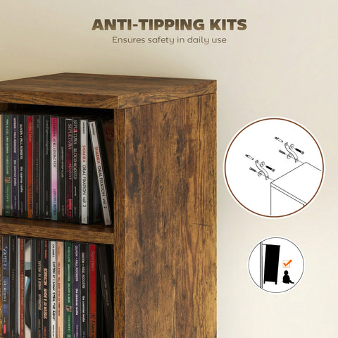 HOMCOM Set of 2 CD Media Display Shelf Unit Tower Rack with Adjustable Shelves, Rustic Brown