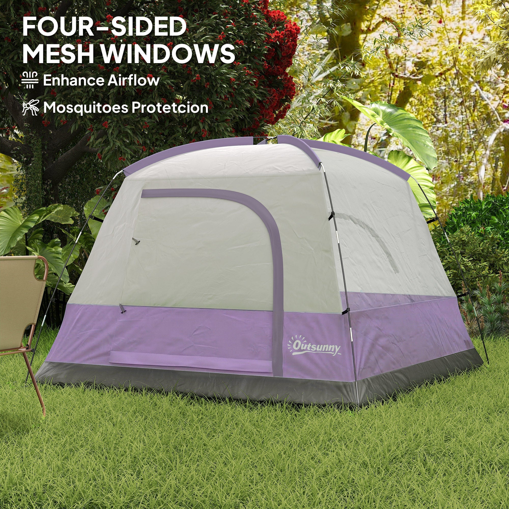 Outsunny 3-4 Person Camping Tent, Easy Set Up 3-4 Man Tent w/ Sewn-in Groundsheet, Waterproof Dome Tent w/ Mesh Windows