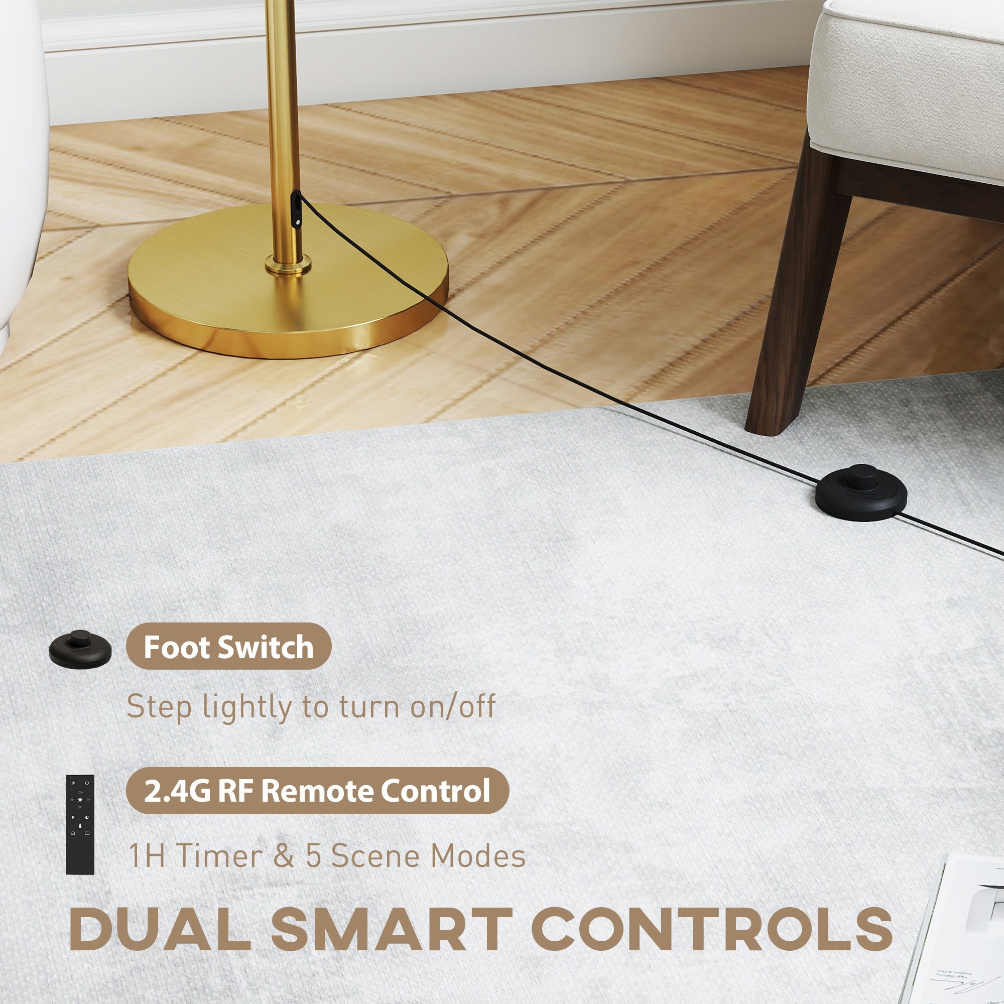 HOMCOM Floor Lamp with Remote, Height Adjustable Standing Lamp with Linen Shade, Dimmable with 3000K-6000K Adjustable Colour Temperatures, Foot Switch for Living Room Bedroom Office, Gold Tone