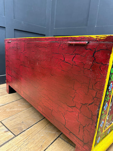 Vintage Indian Hand Painted Trunk Blanket Chest / Coffee Table / Sideboard Red