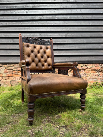 Victorian Carved Walnut & Leather Library Chair Button Back Fireside Armchair