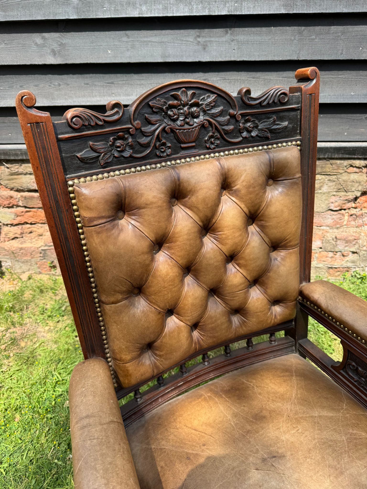 Victorian Carved Walnut & Leather Library Chair Button Back Fireside Armchair