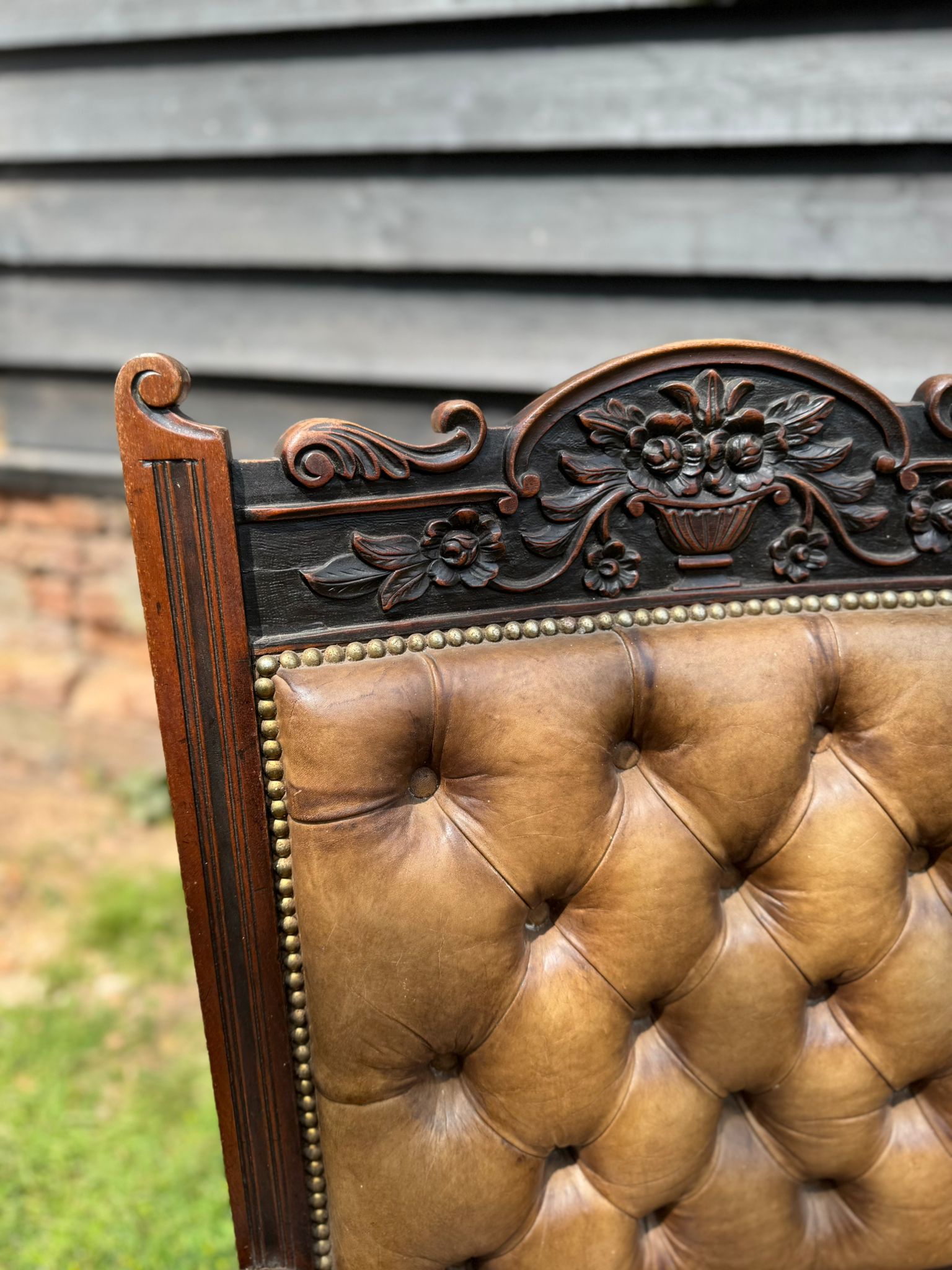 Victorian Carved Walnut & Leather Library Chair Button Back Fireside Armchair