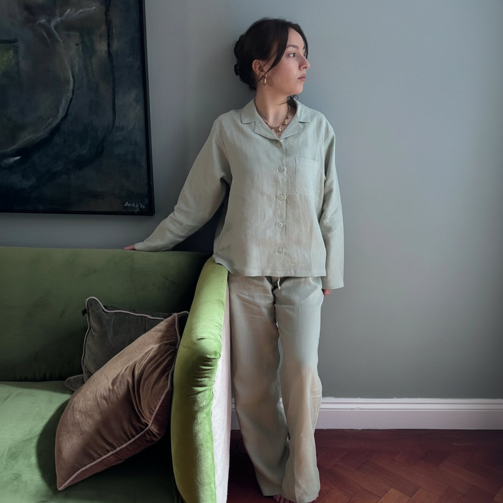 Bolney Eucalyptus Wide Leg Linen Pyjamas