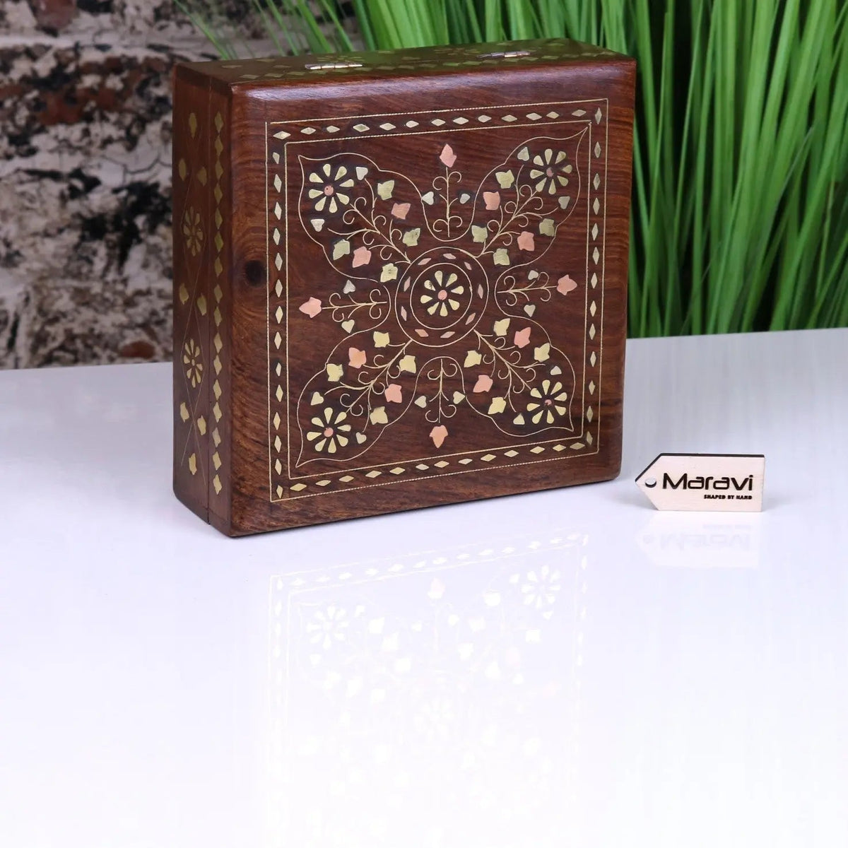 Lila Sheesham Wood Trinket Box Brass Inlay