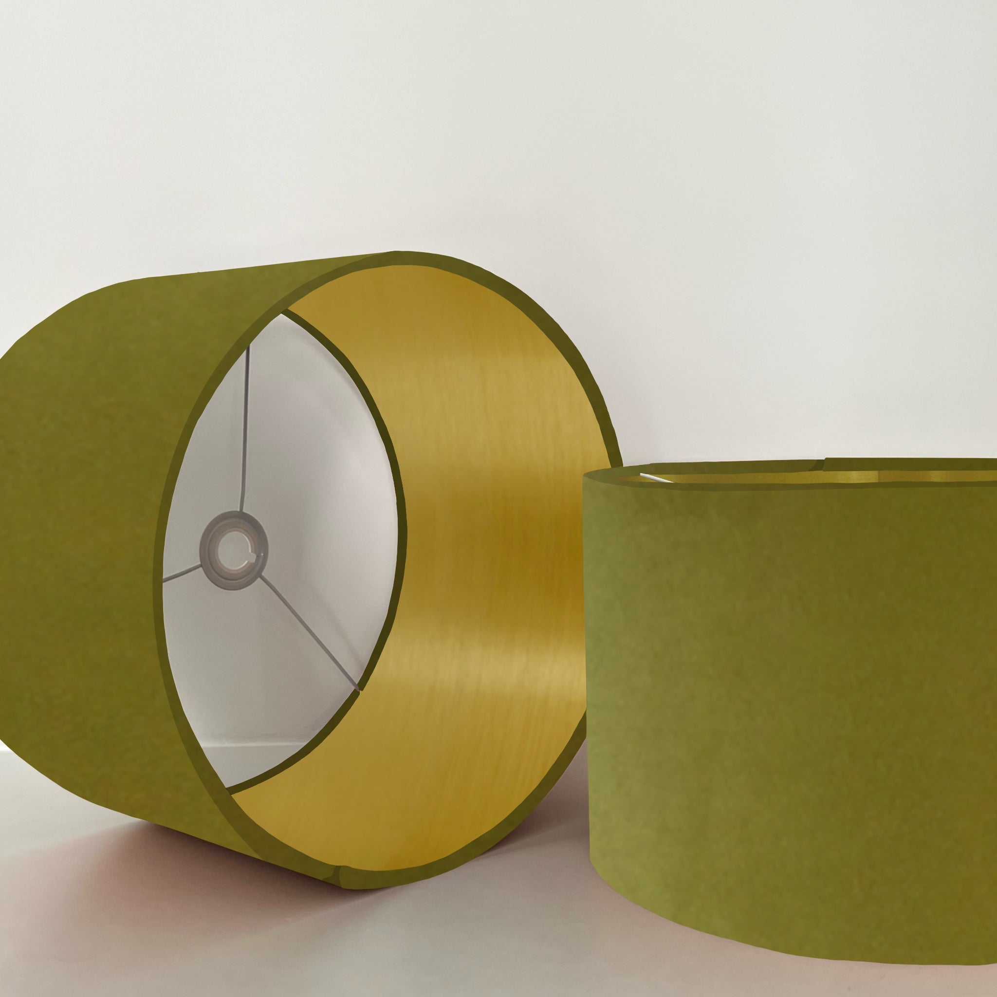 Olive green velvet drum lampshade/ ceiling shade with a metallic brushed gold lining