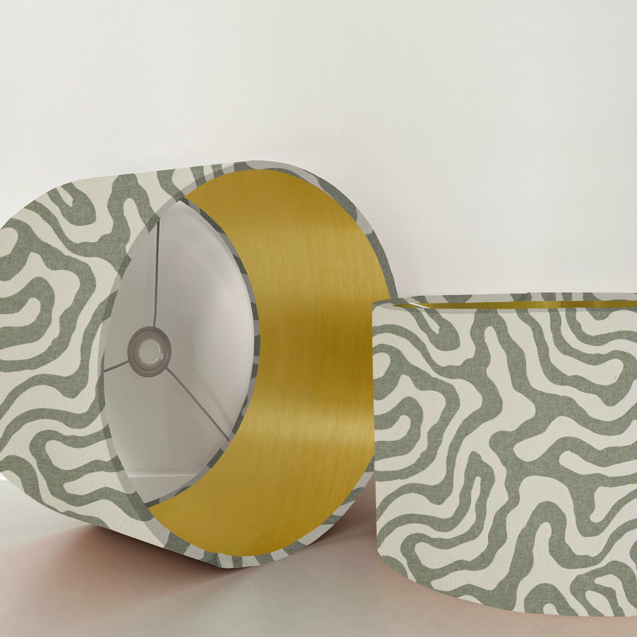Green wiggle drum lampshade/ ceiling shade, with a metallic brushed gold lining