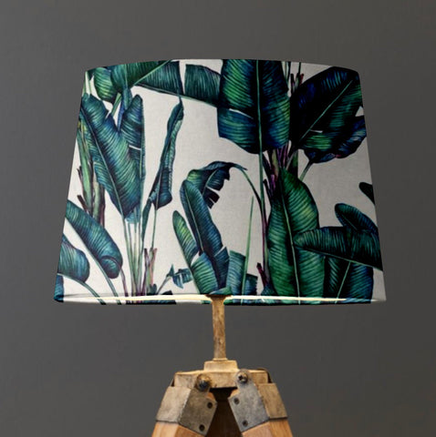 White Leaves Velvet Lampshade | French Drum Ceiling Light Shade | Bespoke Handmade Empire Lampshade