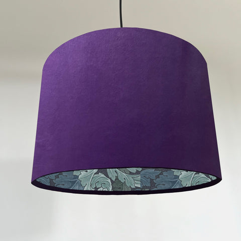 Purple velvet drum lampshade/ ceiling light shade with blue leaves paper interior