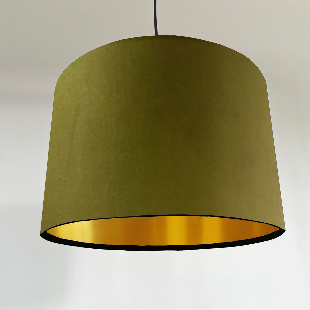 Olive green velvet drum lampshade/ ceiling shade with a metallic brushed gold lining