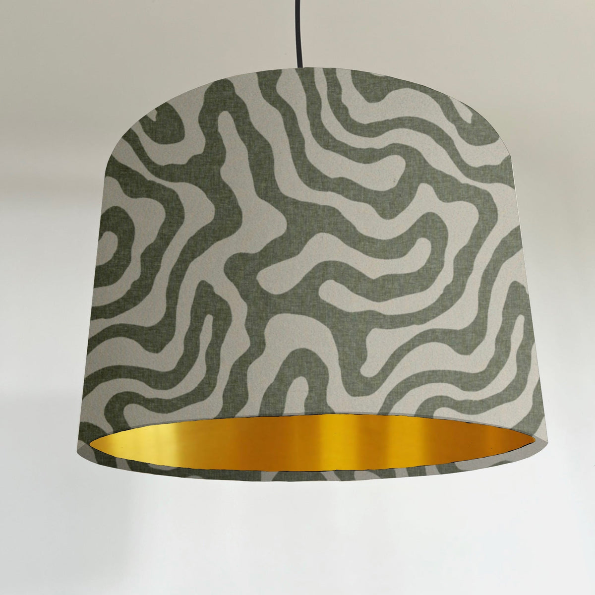 Green wiggle drum lampshade/ ceiling shade, with a metallic brushed gold lining