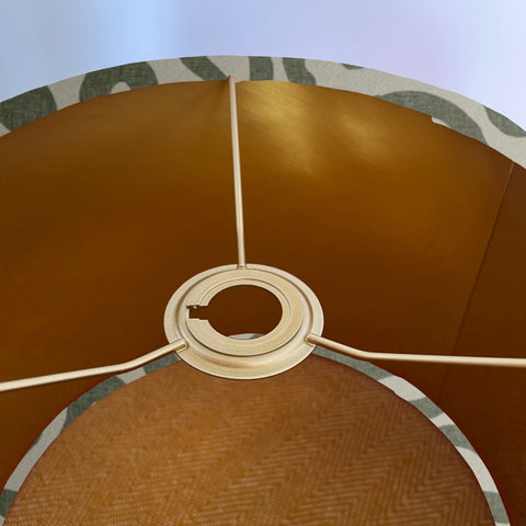 Green wiggle drum lampshade/ ceiling shade, with a metallic brushed gold lining