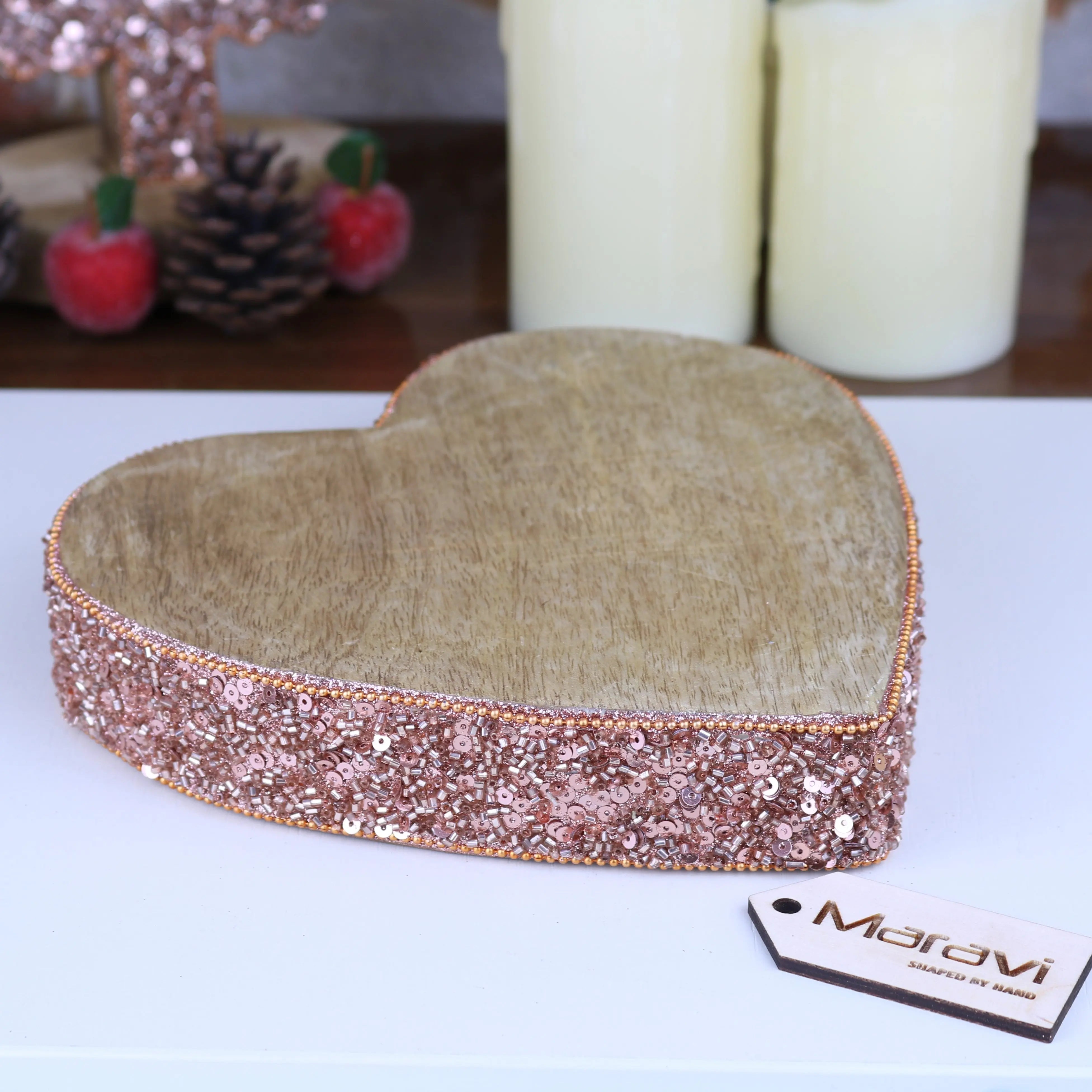 Lovell Christmas Wooden Decoration Heart Shape Copper Jewel Design
