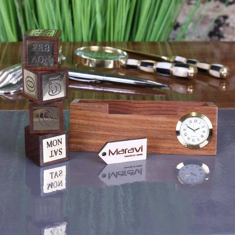 Masan Wooden Desk Calendar and Clock