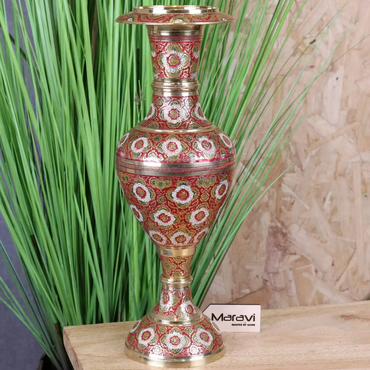 Vintage Brass Vase Hand 36cm Painted and Etched