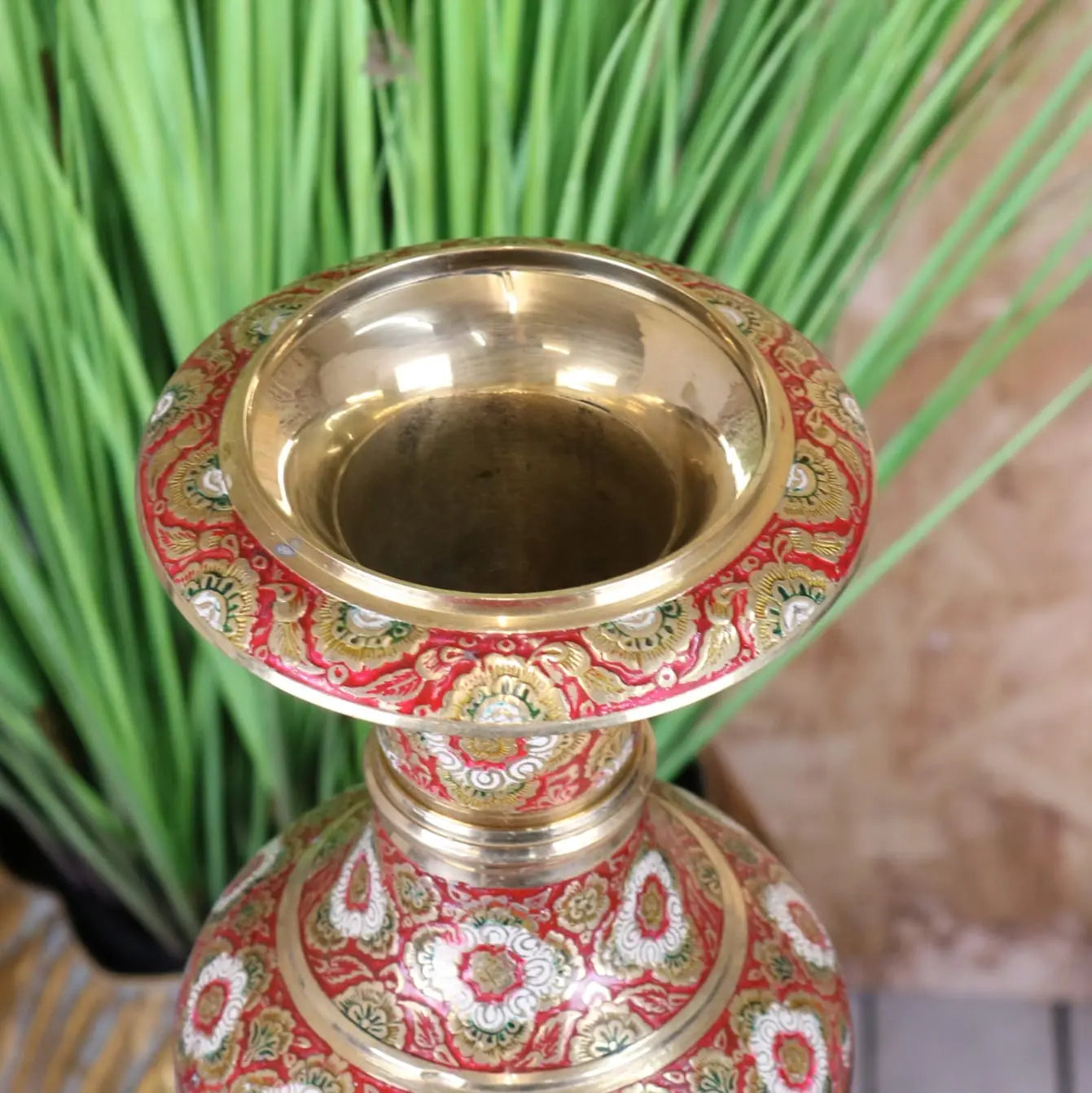 Vintage Brass Vase Hand 36cm Painted and Etched