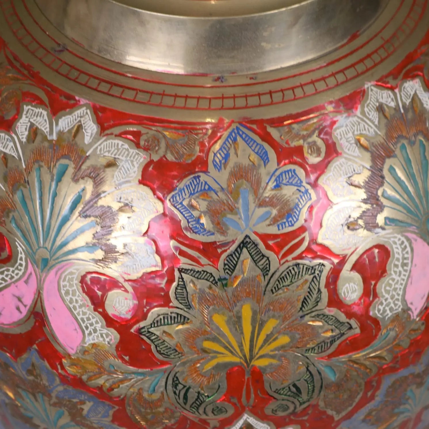 Vintage Brass Vase 92cm Large Hand Painted and Etched