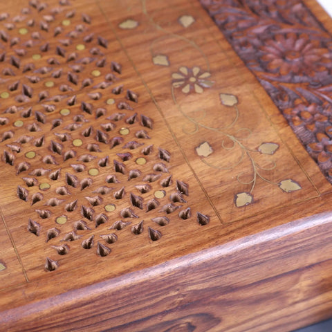Vervek Large Hand Carved Wooden Box with Brass Inlay