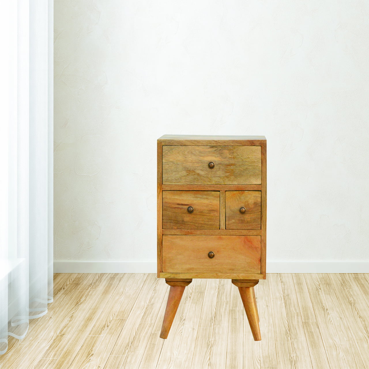 Nordic Style 4-Drawer Multi Bedside Table | Oak-Ish Solid Mango Wood