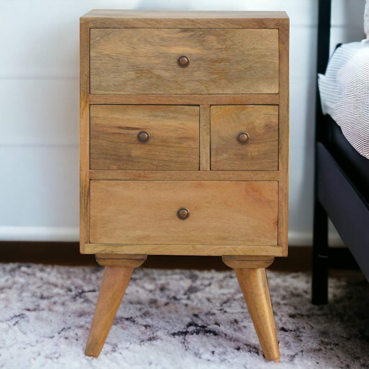 Nordic Style 4-Drawer Multi Bedside Table | Oak-Ish Solid Mango Wood