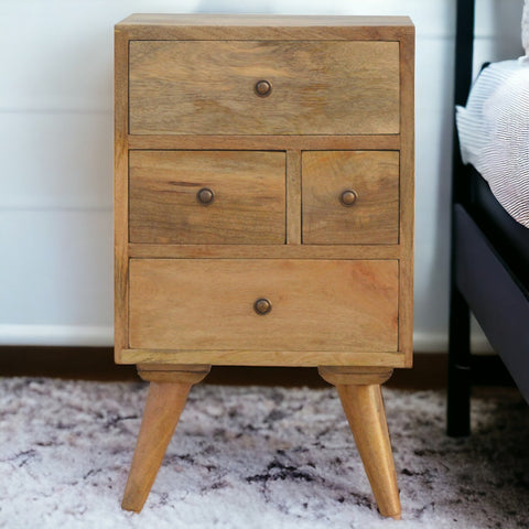 Nordic Style 4-Drawer Multi Bedside Table | Oak-Ish Solid Mango Wood