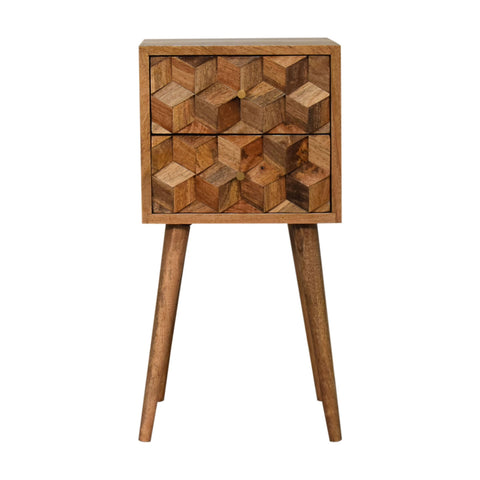Mini Cube Carved 2-Drawer Bedside Table | Oak-Ish Solid Mango Wood