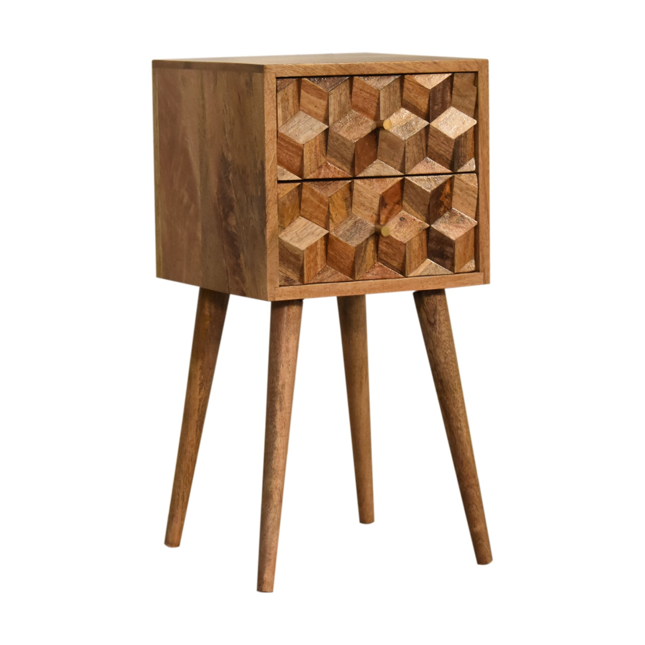 Mini Cube Carved 2-Drawer Bedside Table | Oak-Ish Solid Mango Wood