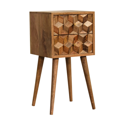 Mini Cube Carved 2-Drawer Bedside Table | Oak-Ish Solid Mango Wood
