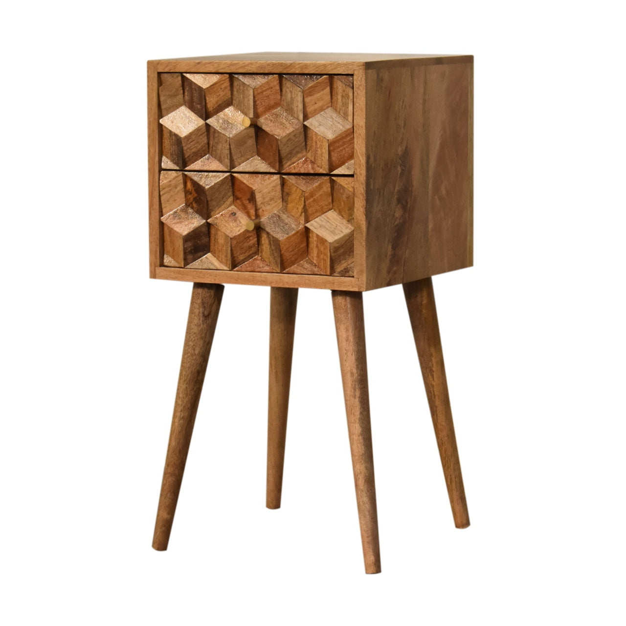 Mini Cube Carved 2-Drawer Bedside Table | Oak-Ish Solid Mango Wood