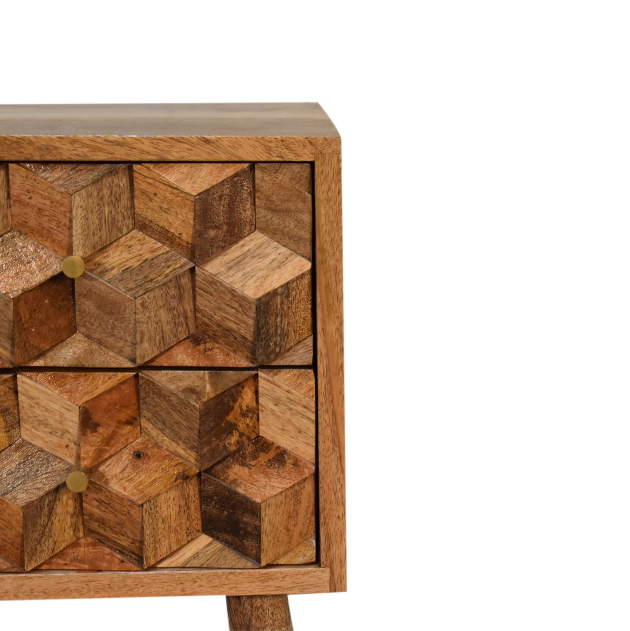 Mini Cube Carved 2-Drawer Bedside Table | Oak-Ish Solid Mango Wood