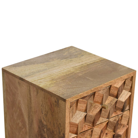 Mini Cube Carved 2-Drawer Bedside Table | Oak-Ish Solid Mango Wood