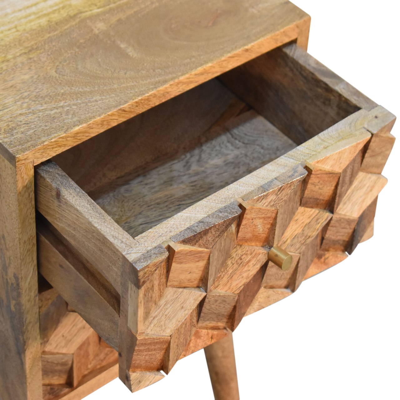 Mini Cube Carved 2-Drawer Bedside Table | Oak-Ish Solid Mango Wood