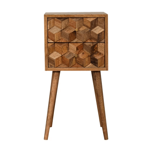 Mini Cube Carved 2-Drawer Bedside Table | Oak-Ish Solid Mango Wood