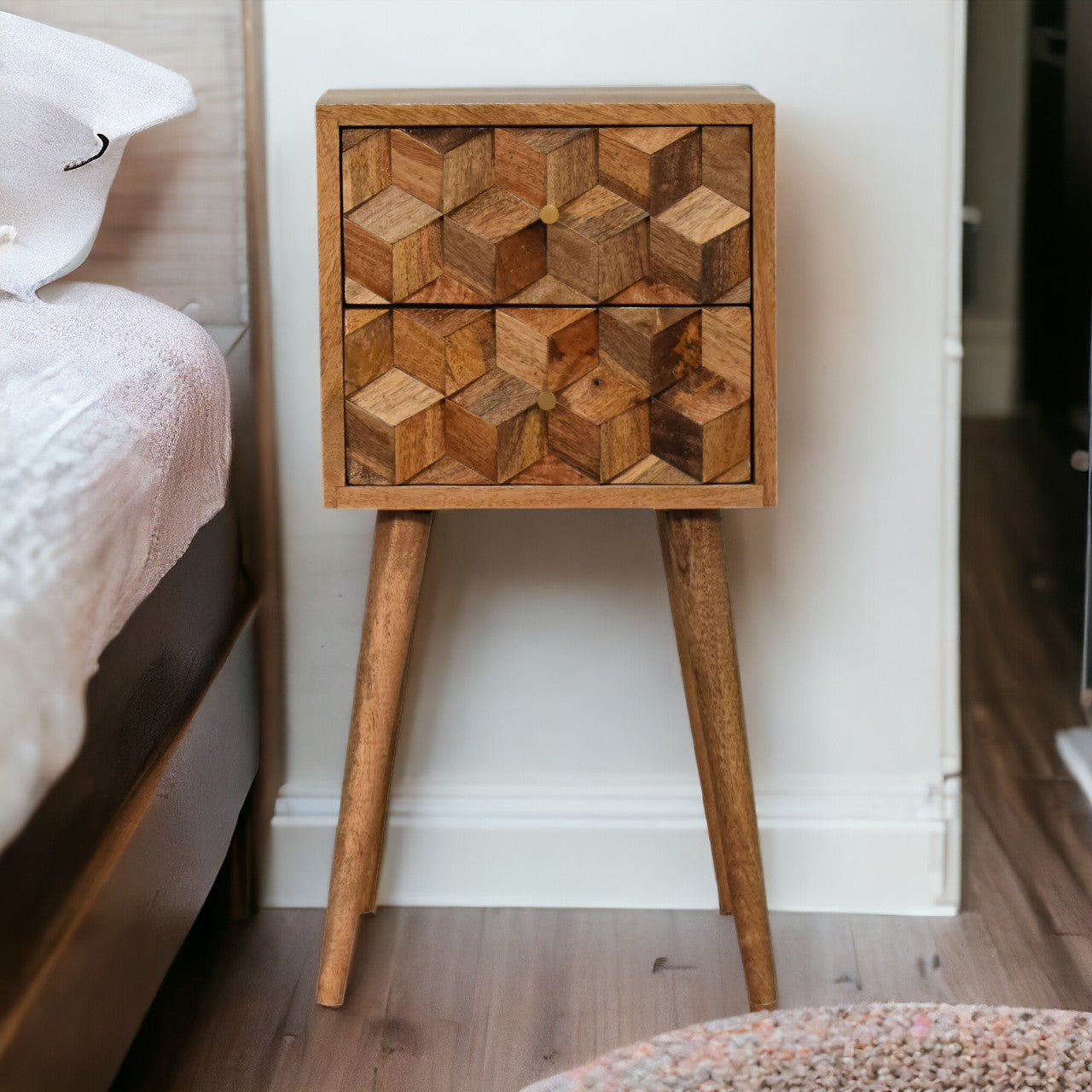 Mini Cube Carved 2-Drawer Bedside Table | Oak-Ish Solid Mango Wood