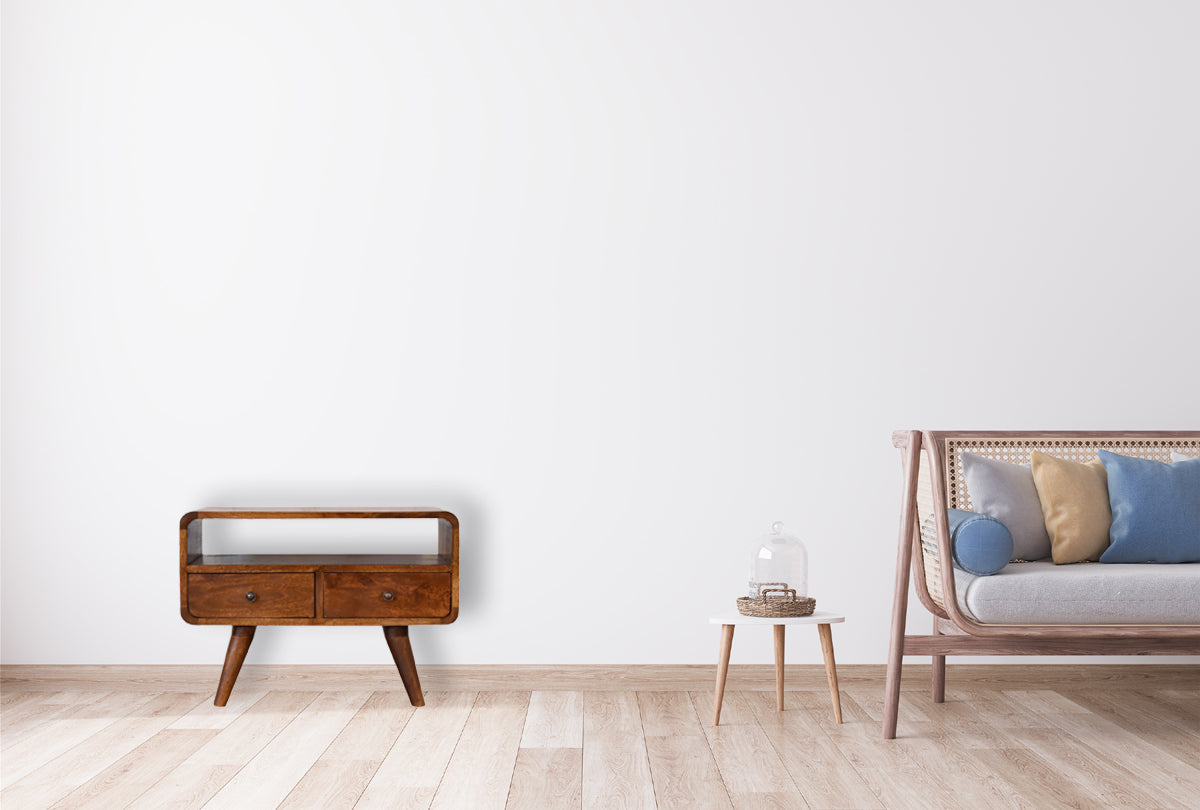 Mini Chestnut Curved Media Unit with 2-Drawers Chest of Drawers