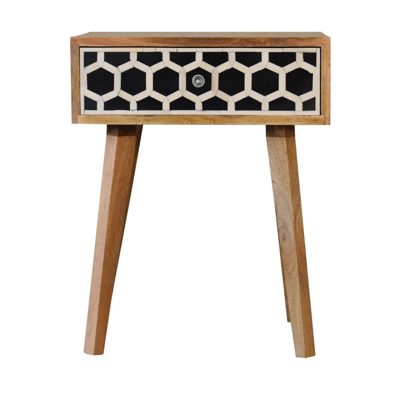 Bone Inlay Tapered Bedside Table | Oak-Ish Solid Mango Wood