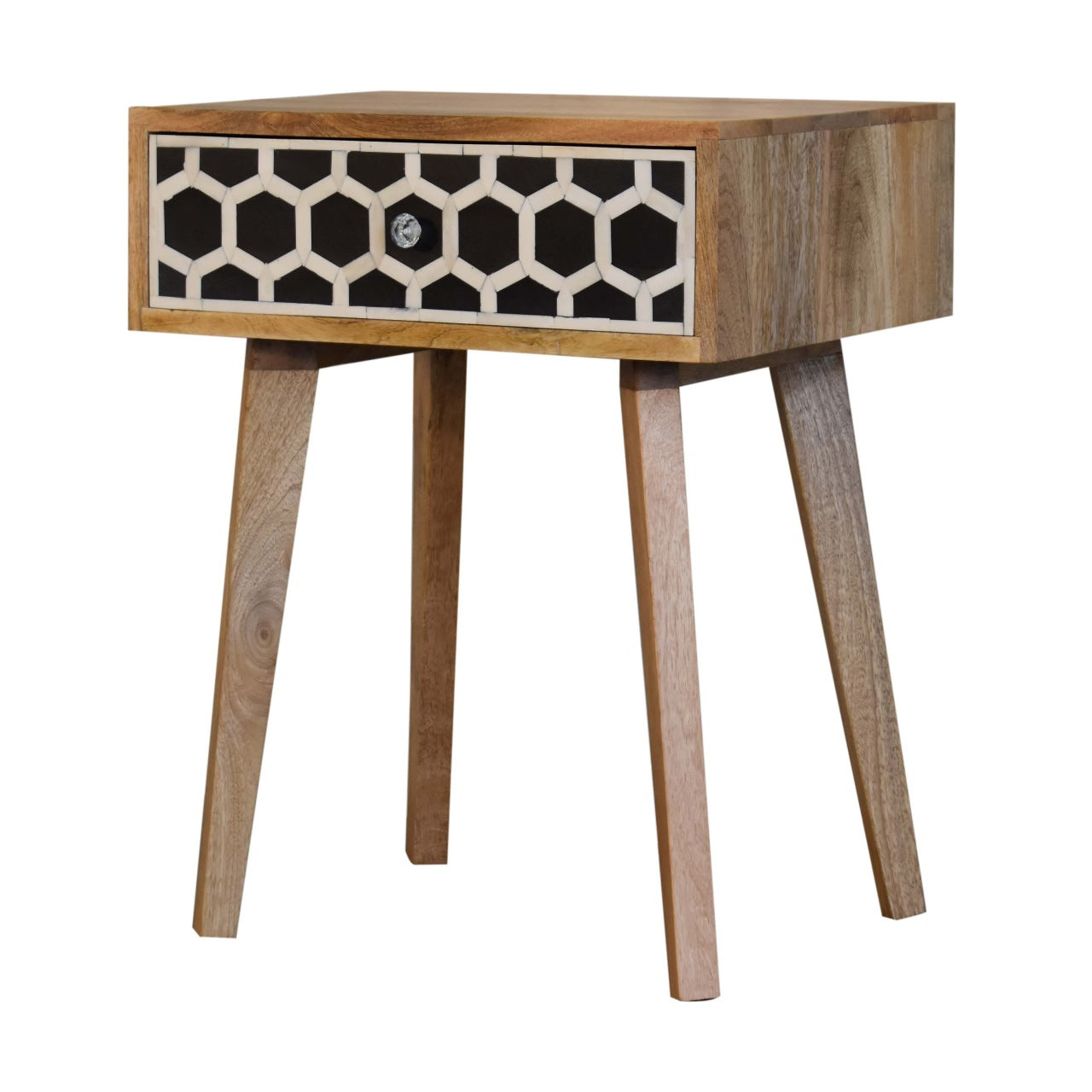 Bone Inlay Tapered Bedside Table | Oak-Ish Solid Mango Wood