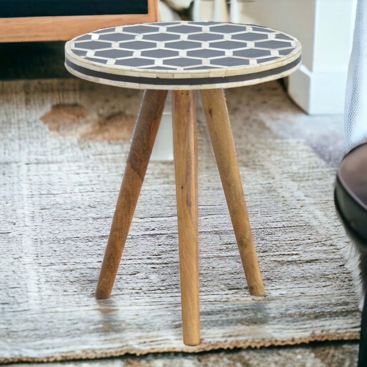 Bone Inlay Tripod Footstool