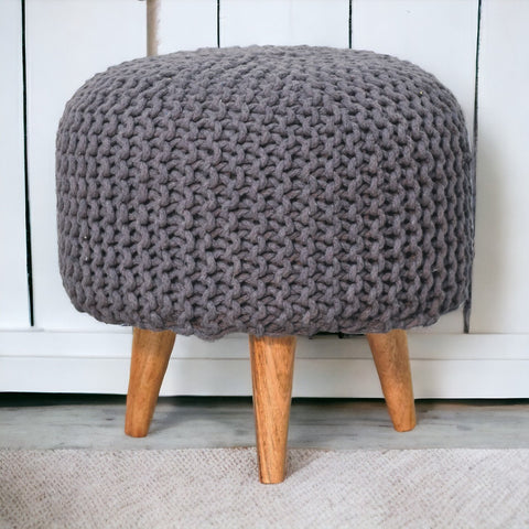 Keeva Grey Round Footstool | Oak Solid Mango Wood