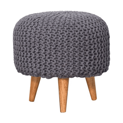 Keeva Grey Round Footstool | Oak Solid Mango Wood