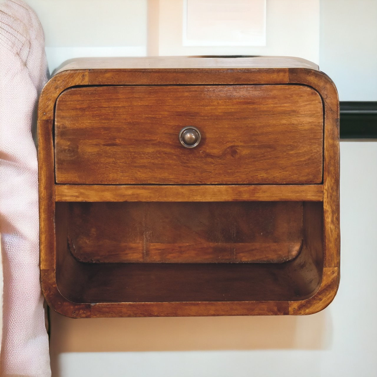 Mini Curve Floating Bedside Table | Chestnut Solid Mango Wood Wall-Mounted