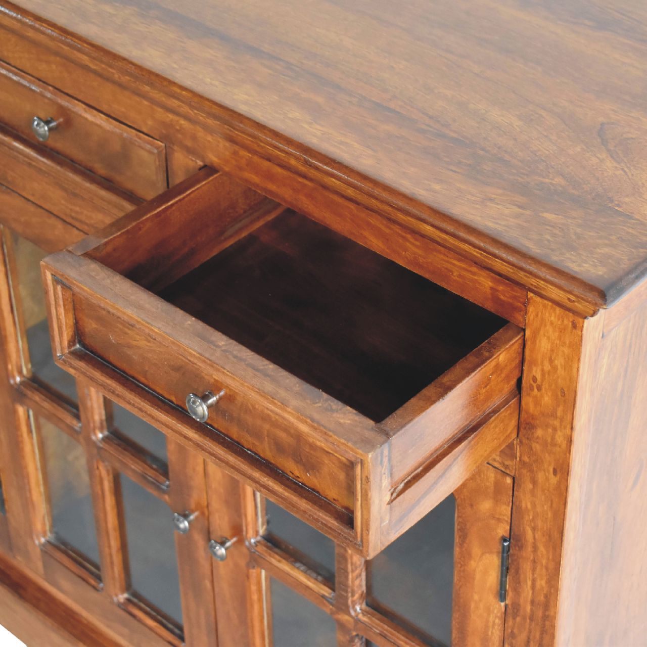 Large Glazed Sideboard Chest of Drawers | Chestnut Solid Mango Wood