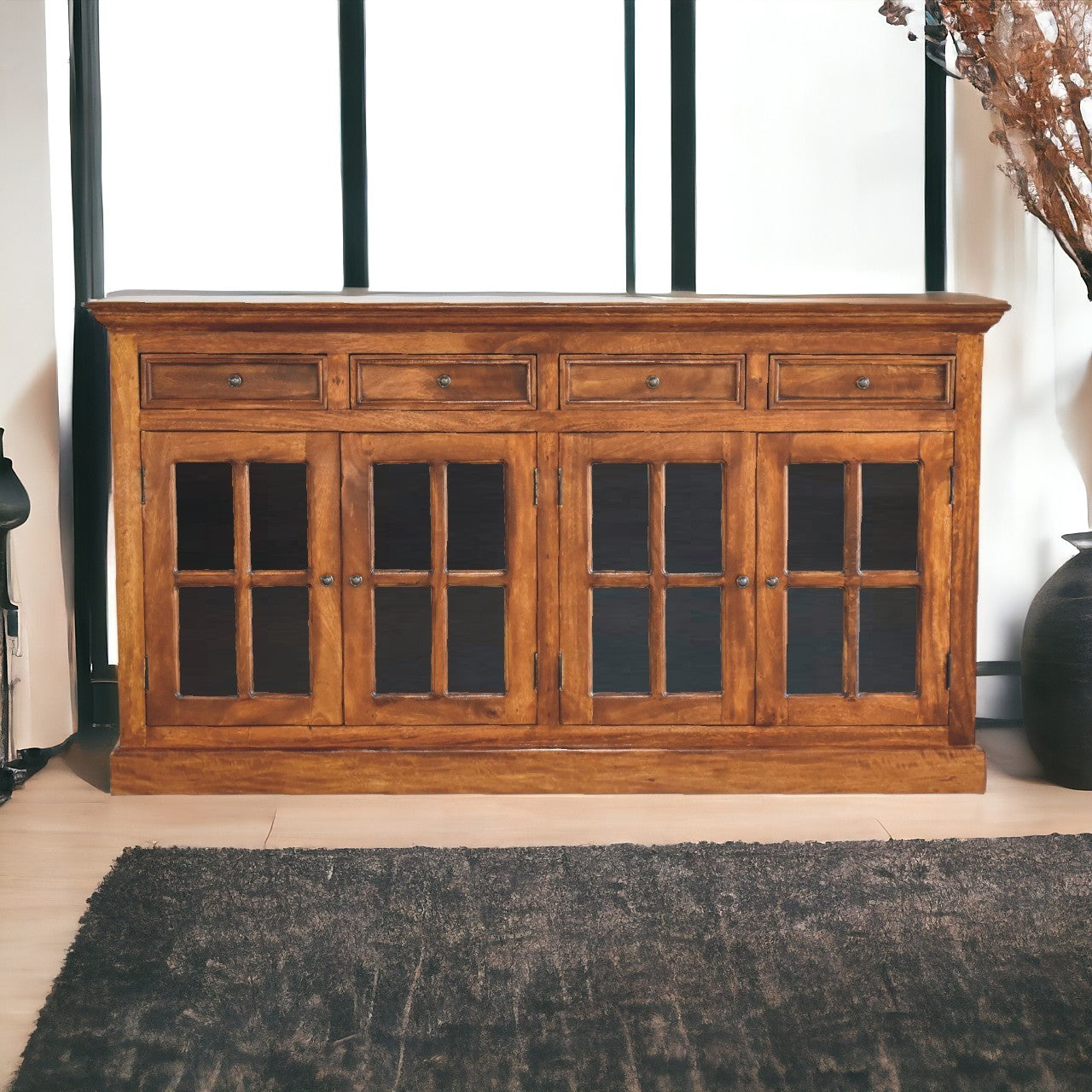 Large Glazed Sideboard Chest of Drawers | Chestnut Solid Mango Wood