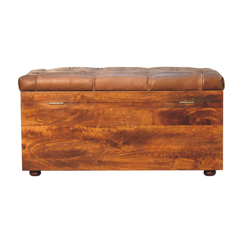 Buffalo Hide Chestnut Storage Trunk Storage Bench | Linen Hidden Storage