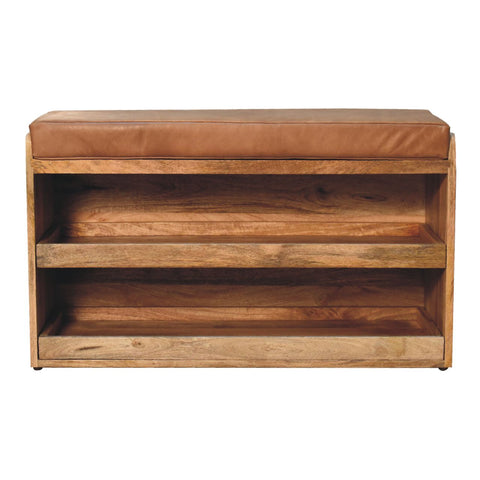 Buffalo Hide Pull out Oak-ish Shoe Storage Bench | Buffalo Leather