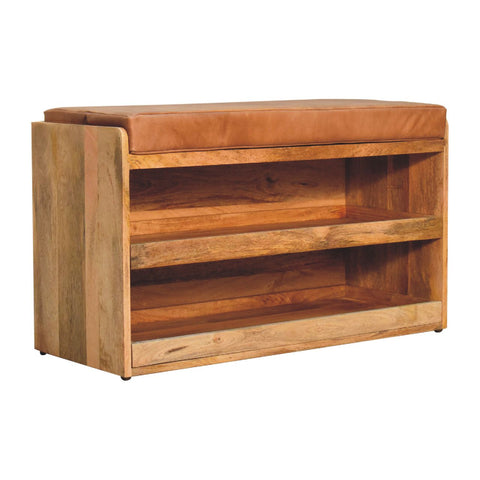 Buffalo Hide Pull out Oak-ish Shoe Storage Bench | Buffalo Leather