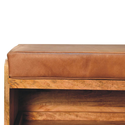 Buffalo Hide Pull out Oak-ish Shoe Storage Bench | Buffalo Leather