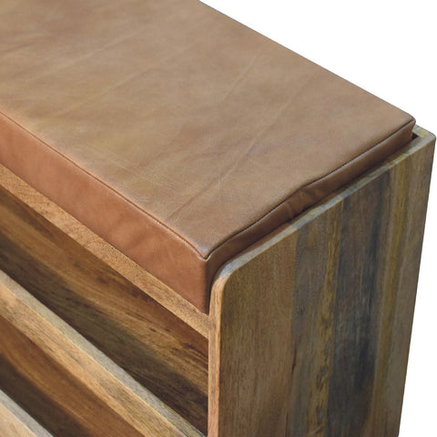 Buffalo Hide Pull out Oak-ish Shoe Storage Bench | Buffalo Leather